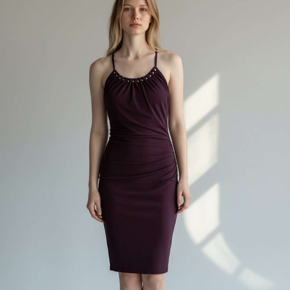 Le Chateau dark purple beaded round neck fitted dress size xs